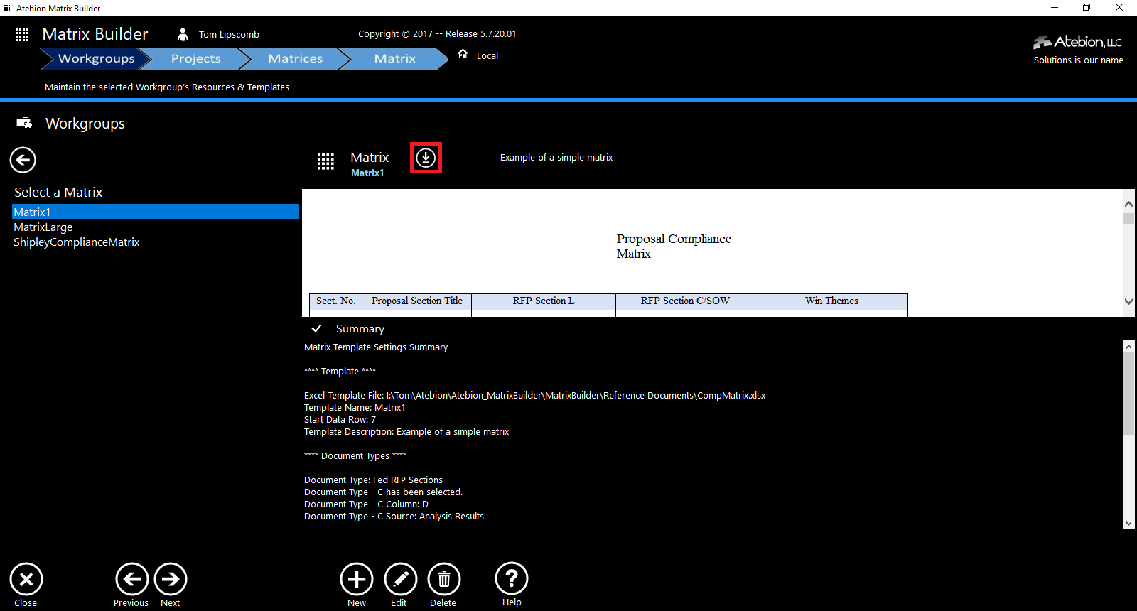 Screen image of the Matrix Template panel