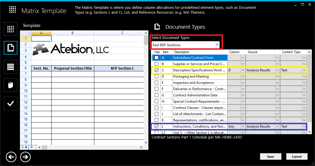 Screen image of the New/Edit Matrix Template window, Document Types selected 