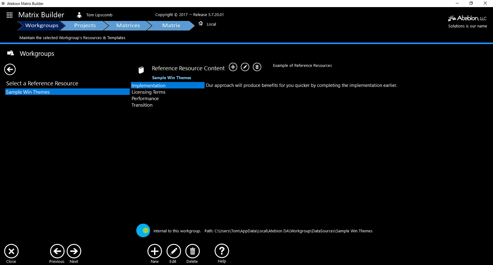 Screen image of the Reference Resources sub-panel