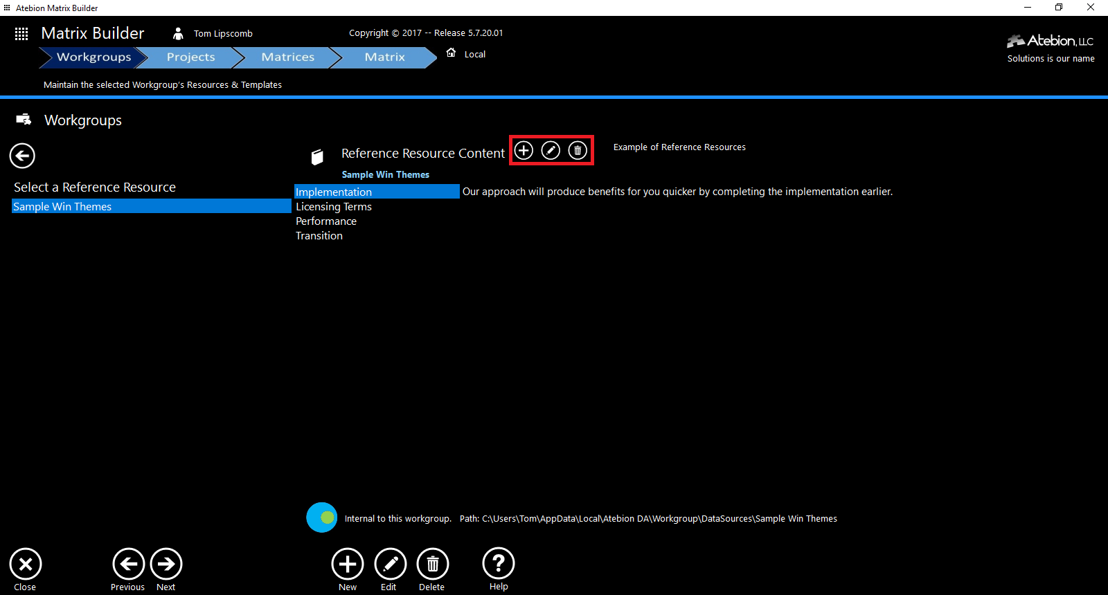 Screen image of the Reference Resources sub-panel