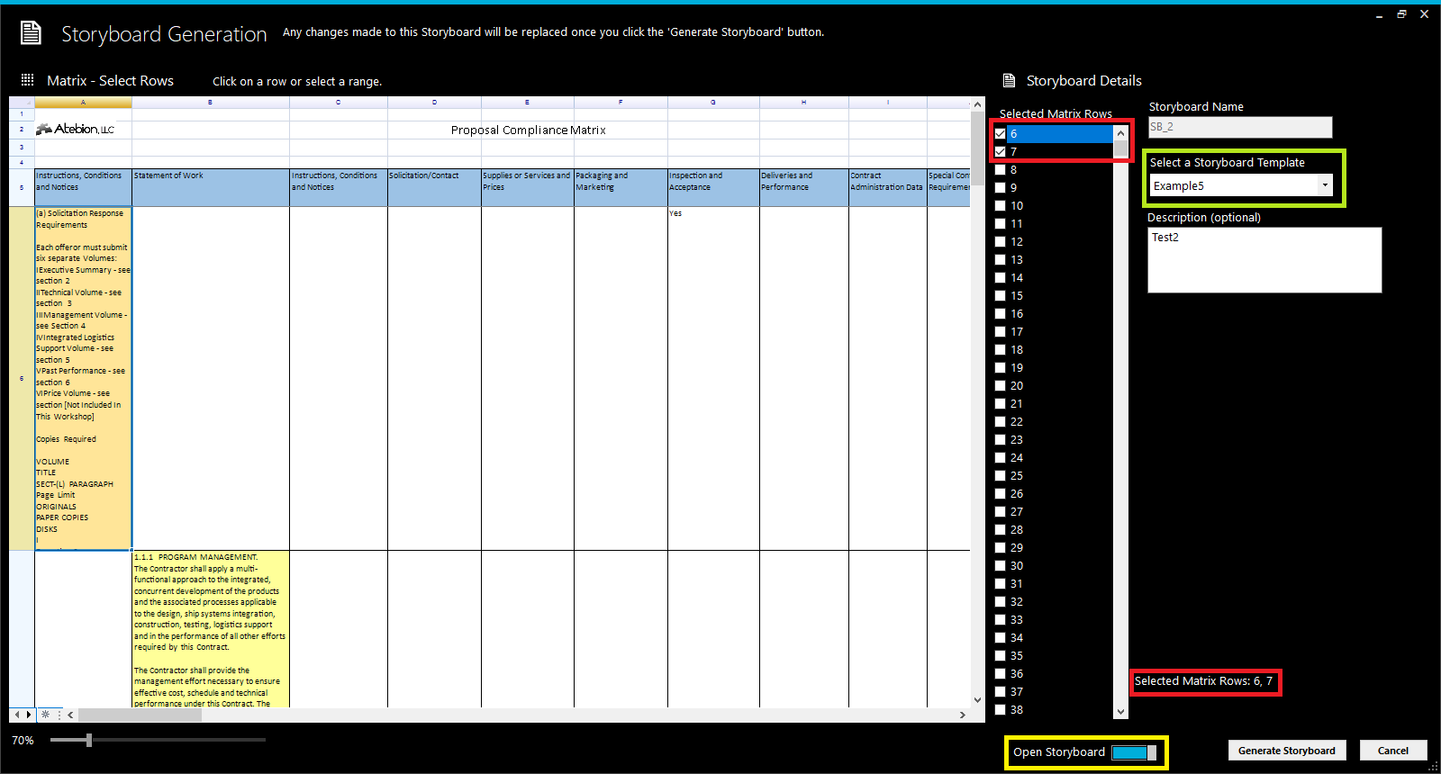 Screen image of the Storyboard Generation window